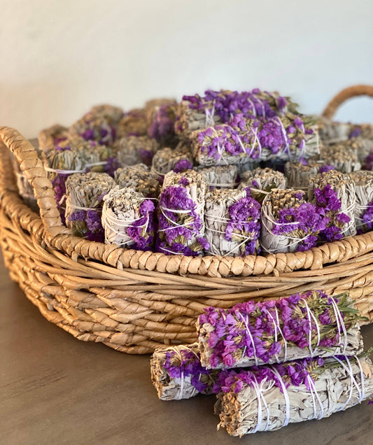 White Sage Smudge Sticks with Purple Flowers