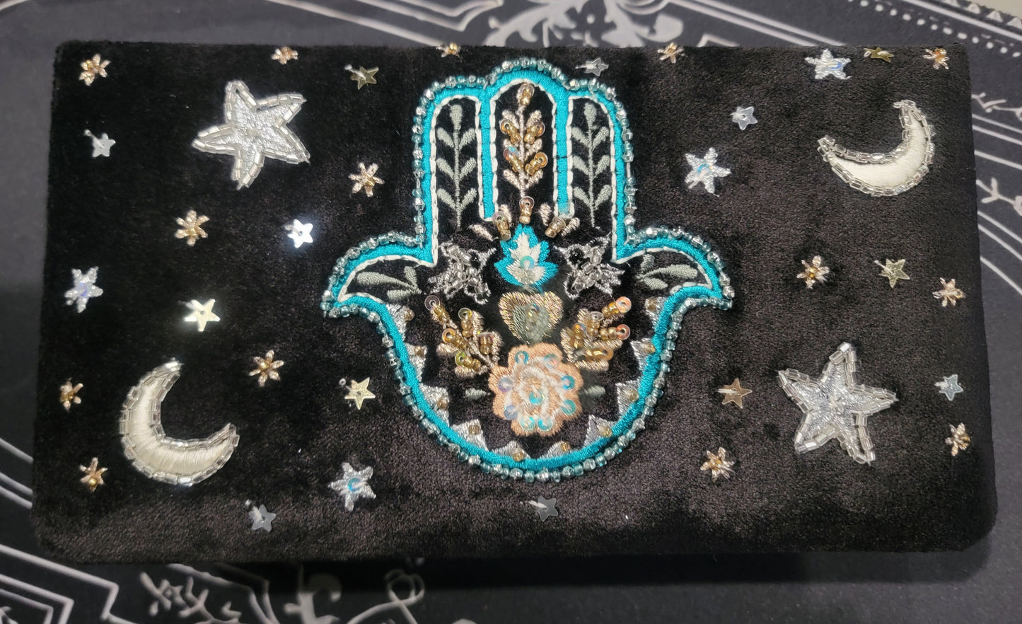 Spiritual Velvet Embroidered Vanity Box with Bead Details