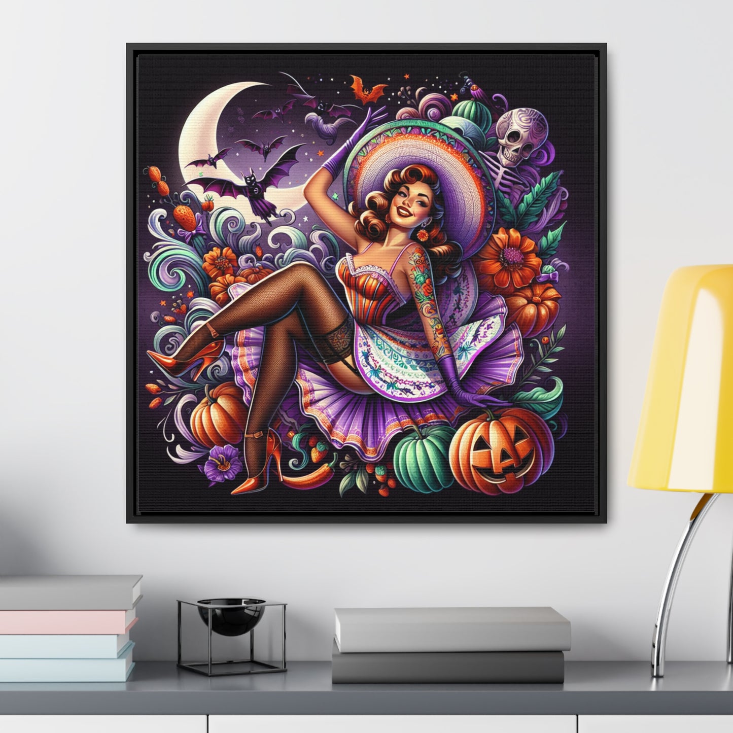 Halloween Pin Up Girl Wall Art on Canvas with Frame