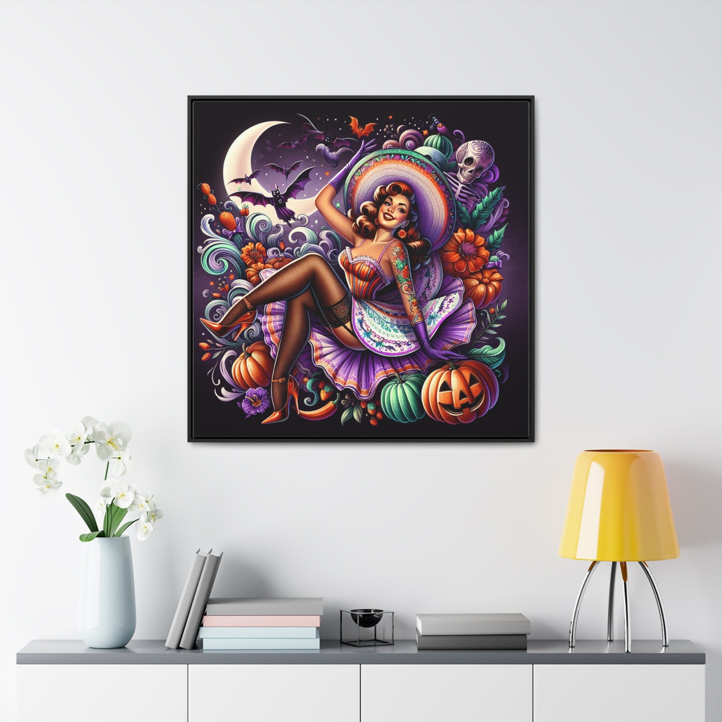 Halloween Pin Up Girl Wall Art on Canvas with Frame