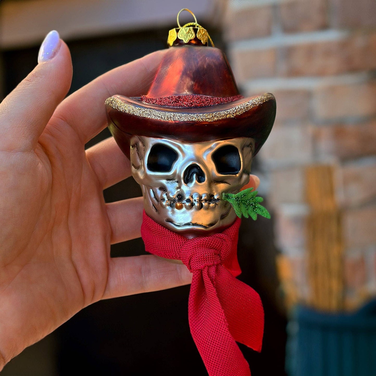 Vintage Ol Western Cowboy Skull Glass Ornament