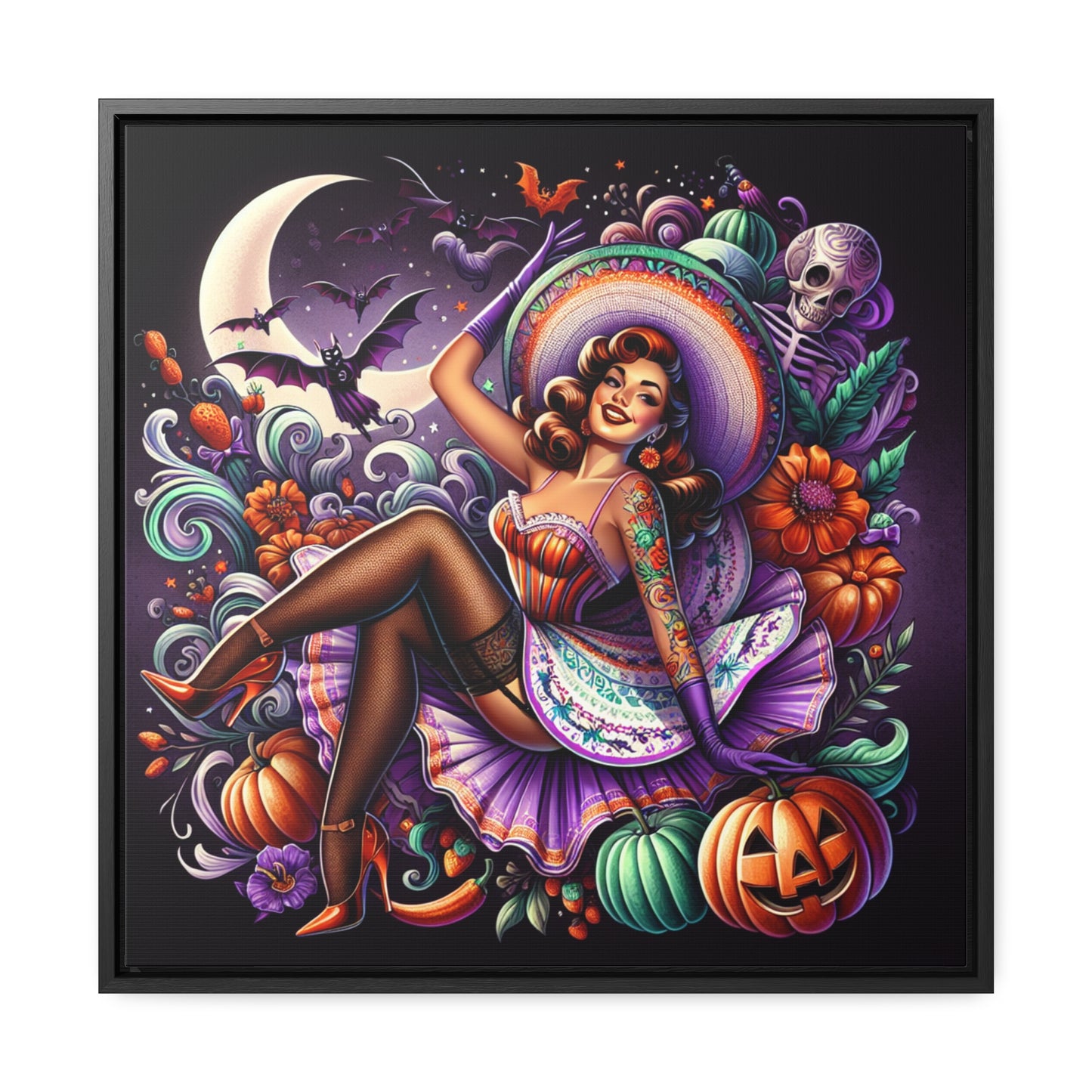 Halloween Pin Up Girl Wall Art on Canvas with Frame