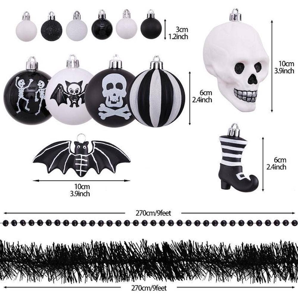 Conjunto de adornos de esqueleto de Halloween en blanco y negro