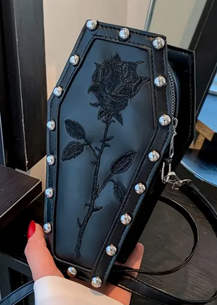 Coffin with Rose Embroidered  Crossbody Bag