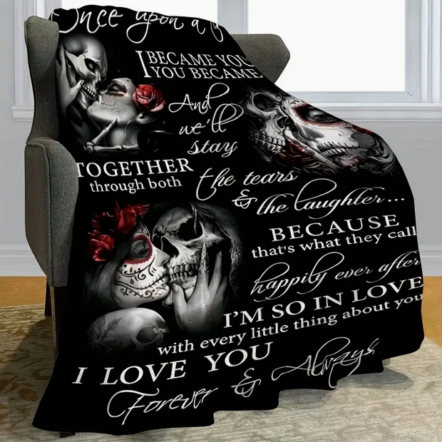 Lovers Skeleton Hearts Plush Blanket Throw Large