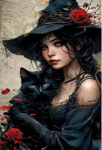 Alluring Witch and Black Cat Diamond Art Painting Kit