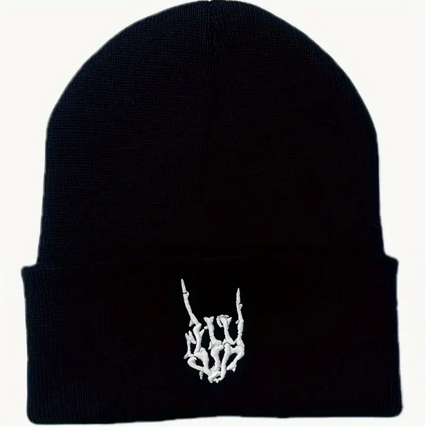 Rock on Skeleton hand Embroidered Knit Beanie