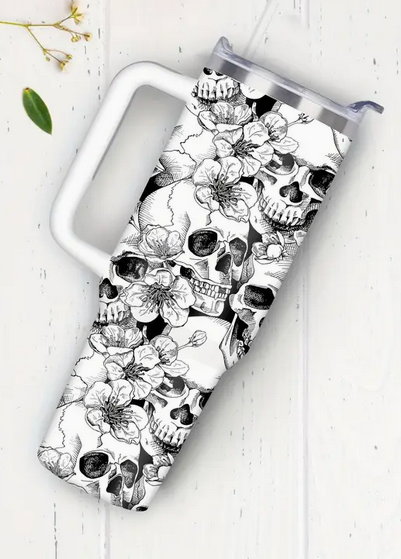 XL Skull and Flower Black and White Tumbler