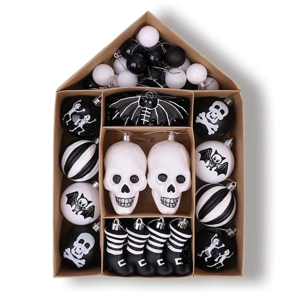 Conjunto de adornos de esqueleto de Halloween en blanco y negro