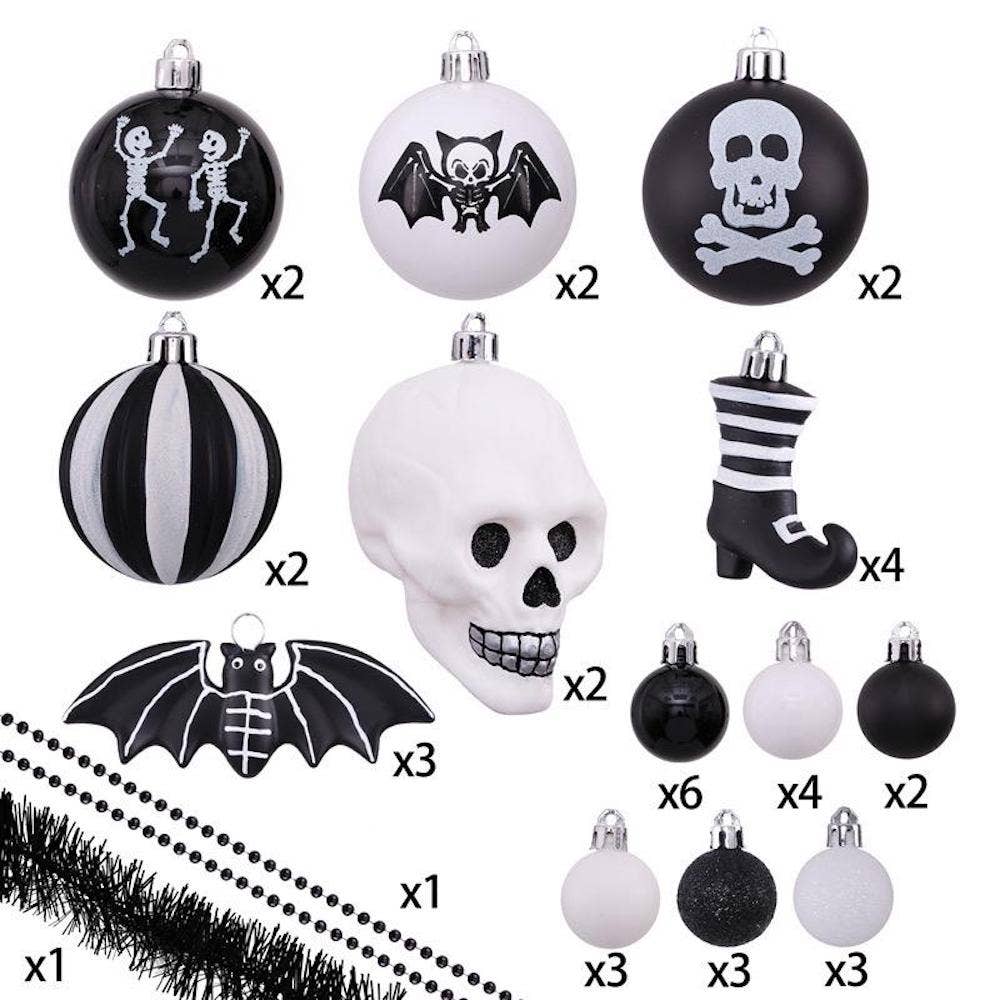 Conjunto de adornos de esqueleto de Halloween en blanco y negro