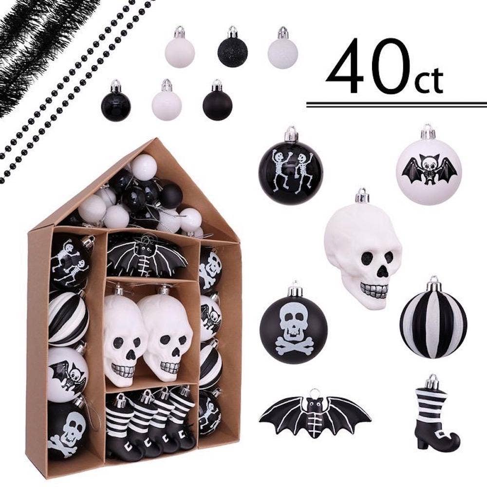 Conjunto de adornos de esqueleto de Halloween en blanco y negro