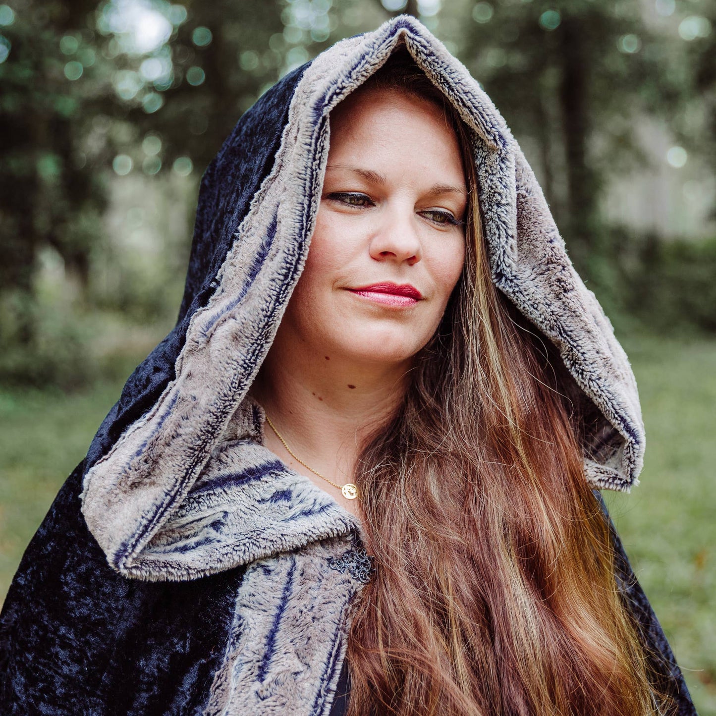 Black Hooded Cloak with Pewter Fur Trim