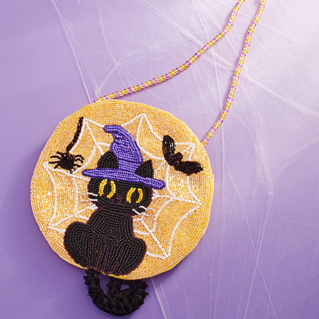 Halloween Seed-Beaded Black Cat Crossbody Bags