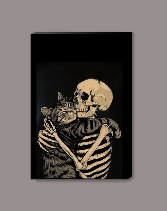 Gothic Skeleton and Cat Hugging Canvas Print